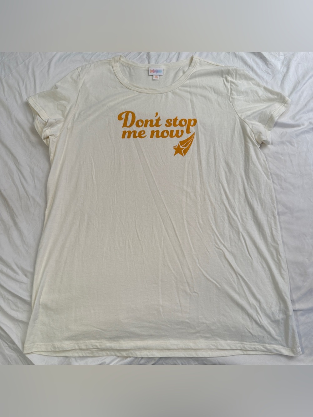 Lularoe Liv Don’t Stop Me Now Graphic Tee - Cream with dark yellow Print